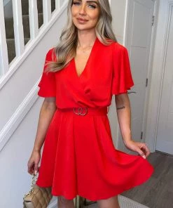 AX Paris Dresses Red Wrap Over Belted Skater Dress With Short Sleeves