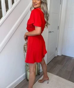 AX Paris Dresses Red Wrap Over Belted Skater Dress With Short Sleeves 7 AX Paris Dresses Red Wrap Over Belted Skater Dress With Short Sleeves