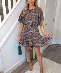 AX Paris Navy And Orange Floral Print Pleated Mini Dress Dresses