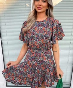 AX Paris Navy And Orange Floral Print Pleated Mini Dress Dresses