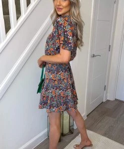 AX Paris Navy And Orange Floral Print Pleated Mini Dress Dresses