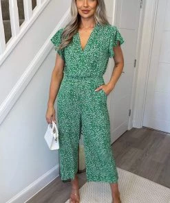 AX Paris Green And White Printed Wrap Over Frill Sleeve Jumpsuit Jumpsuits And Playsuits