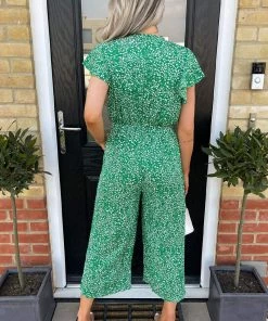 AX Paris Green And White Printed Wrap Over Frill Sleeve Jumpsuit Jumpsuits And Playsuits