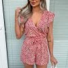 AX Paris Red Floral Printed Wrap Tie Waist Playsuit Jumpsuits And Playsuits