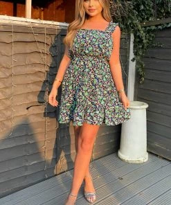 AX Paris Navy Floral Frill Strap Mini Dress