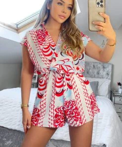 AX Paris Red And Cream Printed Collared Playsuit