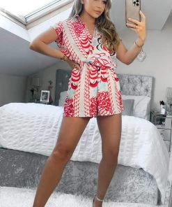 AX Paris Red And Cream Printed Collared Playsuit