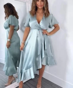 AX Paris Duck Egg Satin Frill Hem Short Sleeve Midi Dress