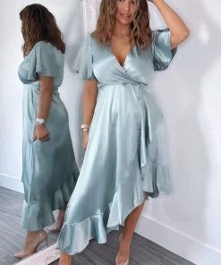 AX Paris Duck Egg Satin Frill Hem Short Sleeve Midi Dress