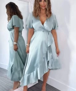 AX Paris Duck Egg Satin Frill Hem Short Sleeve Midi Dress