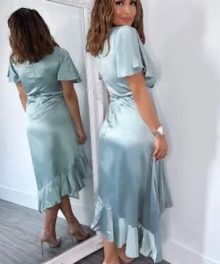 AX Paris Duck Egg Satin Frill Hem Short Sleeve Midi Dress