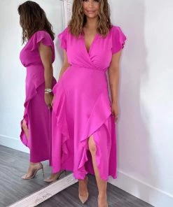 AX Paris Cerise Frill Detail Double Split Skirt Midi Dress