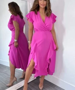 AX Paris Cerise Frill Detail Double Split Skirt Midi Dress