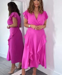 AX Paris Cerise Frill Detail Double Split Skirt Midi Dress