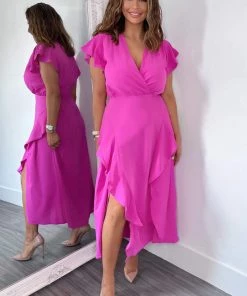 AX Paris Cerise Frill Detail Double Split Skirt Midi Dress