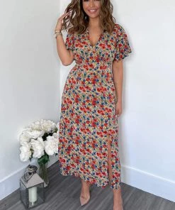 AX Paris Dresses Multi Floral V Neck Butterfly Sleeve Midi Dress