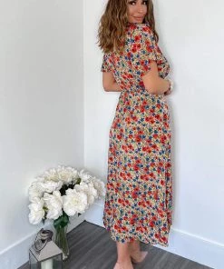 AX Paris Dresses Multi Floral V Neck Butterfly Sleeve Midi Dress