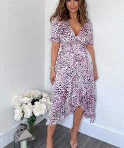 AX Paris Pink Animal Print Wrap Side Tie Midi Dress Dresses