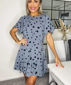 AX Paris Blue And Black Dot Printed Skater Dress