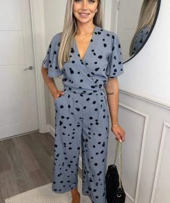 AX Paris Blue And Black Printed Wrap Over Jumpsuit Jumpsuits And Playsuits