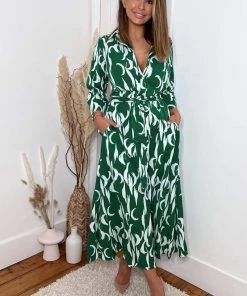 AX Paris Dresses Green And White Printed Button Up Long Sleeve Midi Dress