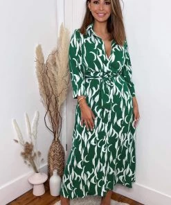 AX Paris Dresses Green And White Printed Button Up Long Sleeve Midi Dress