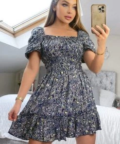 AX Paris Navy Printed Puff Sleeve Shirred Mini Dress
