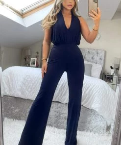 AX Paris Jumpsuits And Playsuits Navy Halter Tie Neck Jumpsuit