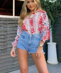 AX Paris Red Abstract Printed Button Up Shirt Tops