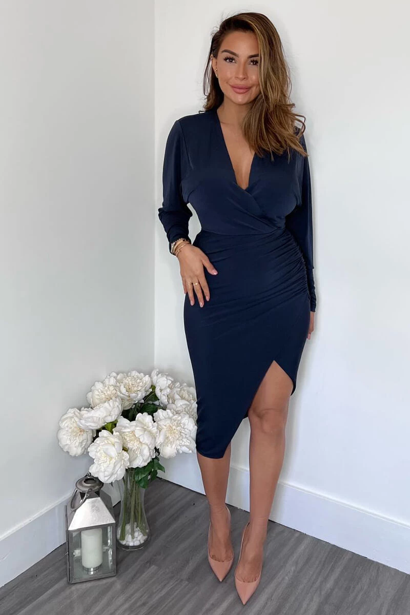AX Paris Dresses Navy Ruched Side Wrap Top Midi Dress 2 AX Paris Dresses Navy Ruched Side Wrap Top Midi Dress