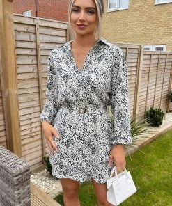 AX Paris Cream And Green Printed Belted Shirt Dress