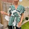 AX Paris Green Printed Wrap Short Sleeve Belted Top
