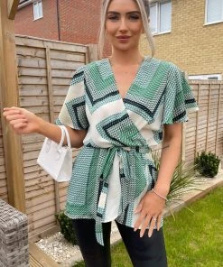 AX Paris Green Printed Wrap Short Sleeve Belted Top