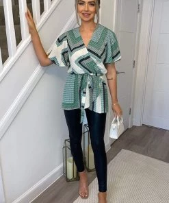 AX Paris Green Printed Wrap Short Sleeve Belted Top