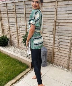 AX Paris Green Printed Wrap Short Sleeve Belted Top