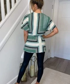 AX Paris Green Printed Wrap Short Sleeve Belted Top