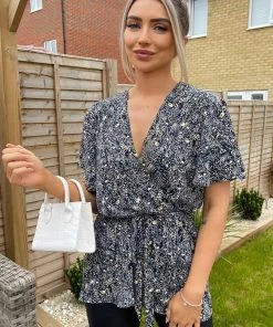 AX Paris Navy Ditsy Print Wrap Short Sleeve Belted Top Tops