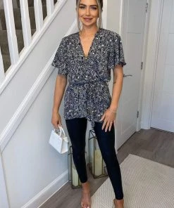 AX Paris Navy Ditsy Print Wrap Short Sleeve Belted Top Tops