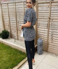 AX Paris Navy Ditsy Print Wrap Short Sleeve Belted Top Tops