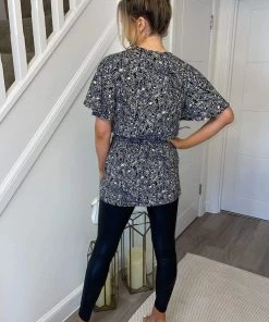 AX Paris Navy Ditsy Print Wrap Short Sleeve Belted Top Tops