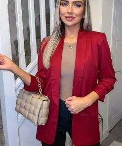 AX Paris Coats & Jackets Red Ruched Sleeve Blazer