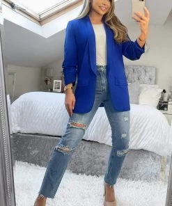 AX Paris Blue Ruched Sleeve Blazer Coats & Jackets