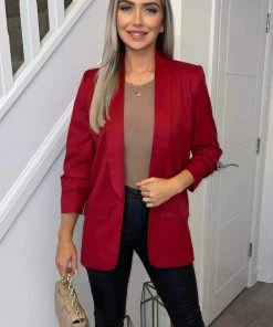 AX Paris Coats & Jackets Red Ruched Sleeve Blazer