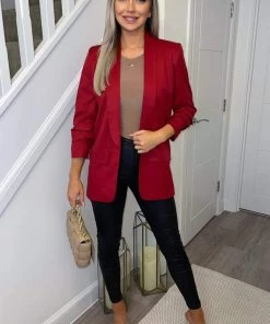 AX Paris Coats & Jackets Red Ruched Sleeve Blazer