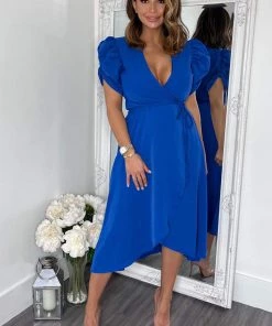 AX Paris Blue Wrap Over Tie Midi Dress Dresses