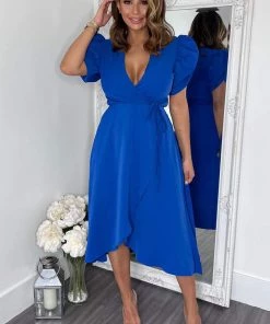 AX Paris Blue Wrap Over Tie Midi Dress Dresses