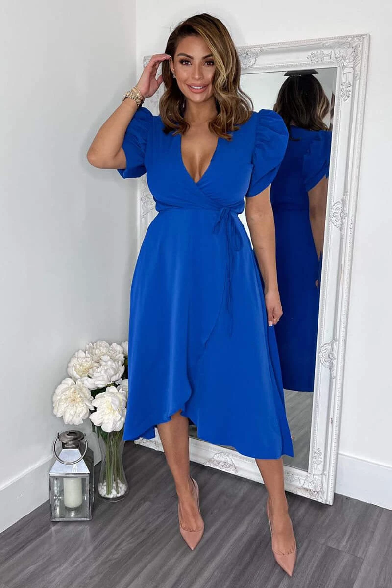 AX Paris Blue Wrap Over Tie Midi Dress Dresses 2 AX Paris Blue Wrap Over Tie Midi Dress Dresses