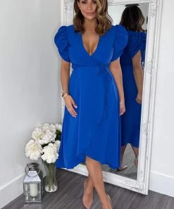 AX Paris Blue Wrap Over Tie Midi Dress Dresses 9 AX Paris Blue Wrap Over Tie Midi Dress Dresses