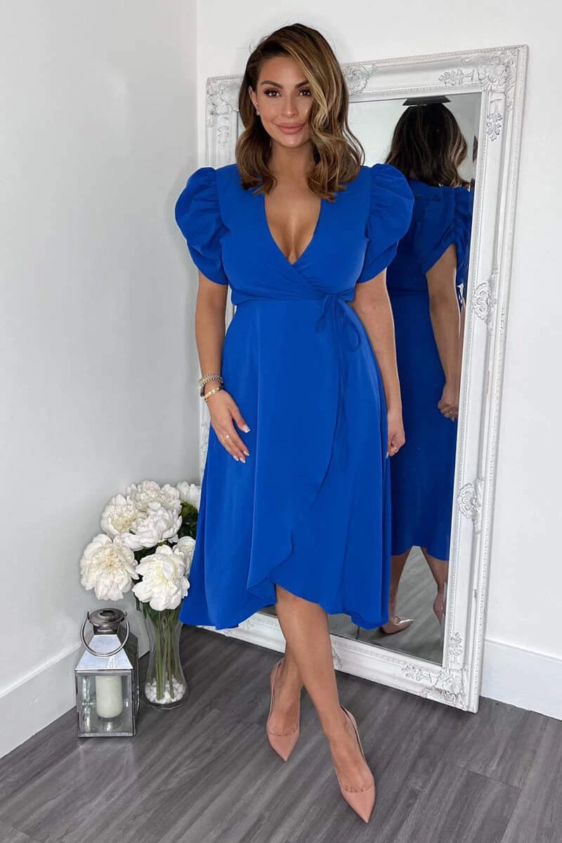 AX Paris Blue Wrap Over Tie Midi Dress Dresses 4 AX Paris Blue Wrap Over Tie Midi Dress Dresses