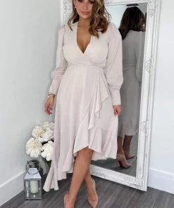 AX Paris Stone Long Sleeve Frill Wrap Midi Dress Dresses